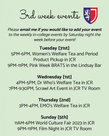 List of events for 3rd week.
